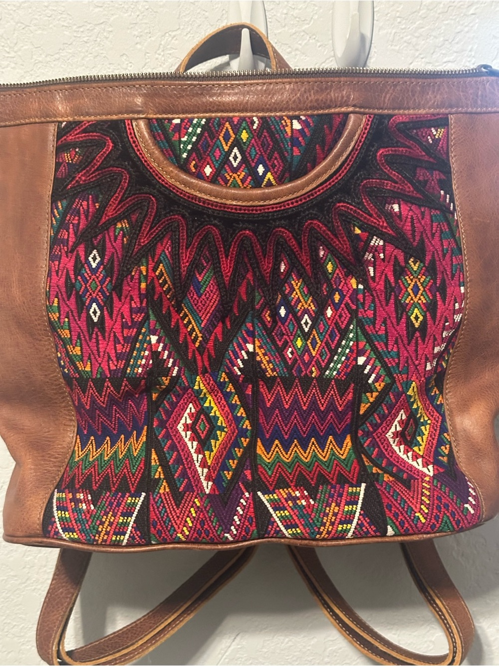 Arloom Brown Leather Backpack with Multicolor Embroidered Front - Picture 2 of 7